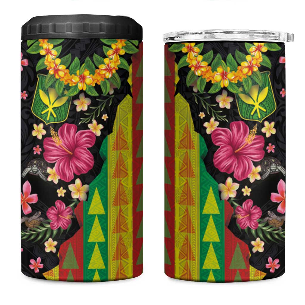 Hawaiian Independence Day 4 in 1 Can Cooler Tumbler Kanaka Maoli Symbols With Tapa Motifs and Tropical Plants - Polynesian Pride