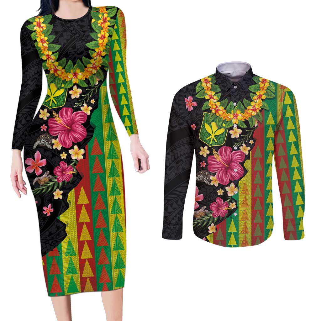Hawaiian Independence Day Couples Matching Long Sleeve Bodycon Dress and Long Sleeve Button Shirt Kanaka Maoli Symbols With Tapa Motifs and Tropical Plants - Polynesian Pride