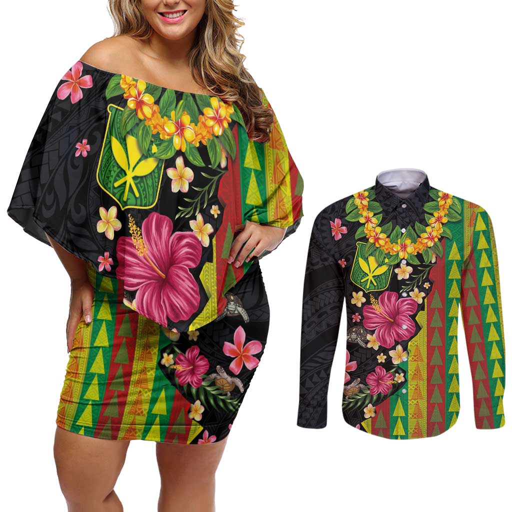Hawaiian Independence Day Couples Matching Off Shoulder Short Dress and Long Sleeve Button Shirt Kanaka Maoli Symbols With Tapa Motifs and Tropical Plants - Polynesian Pride