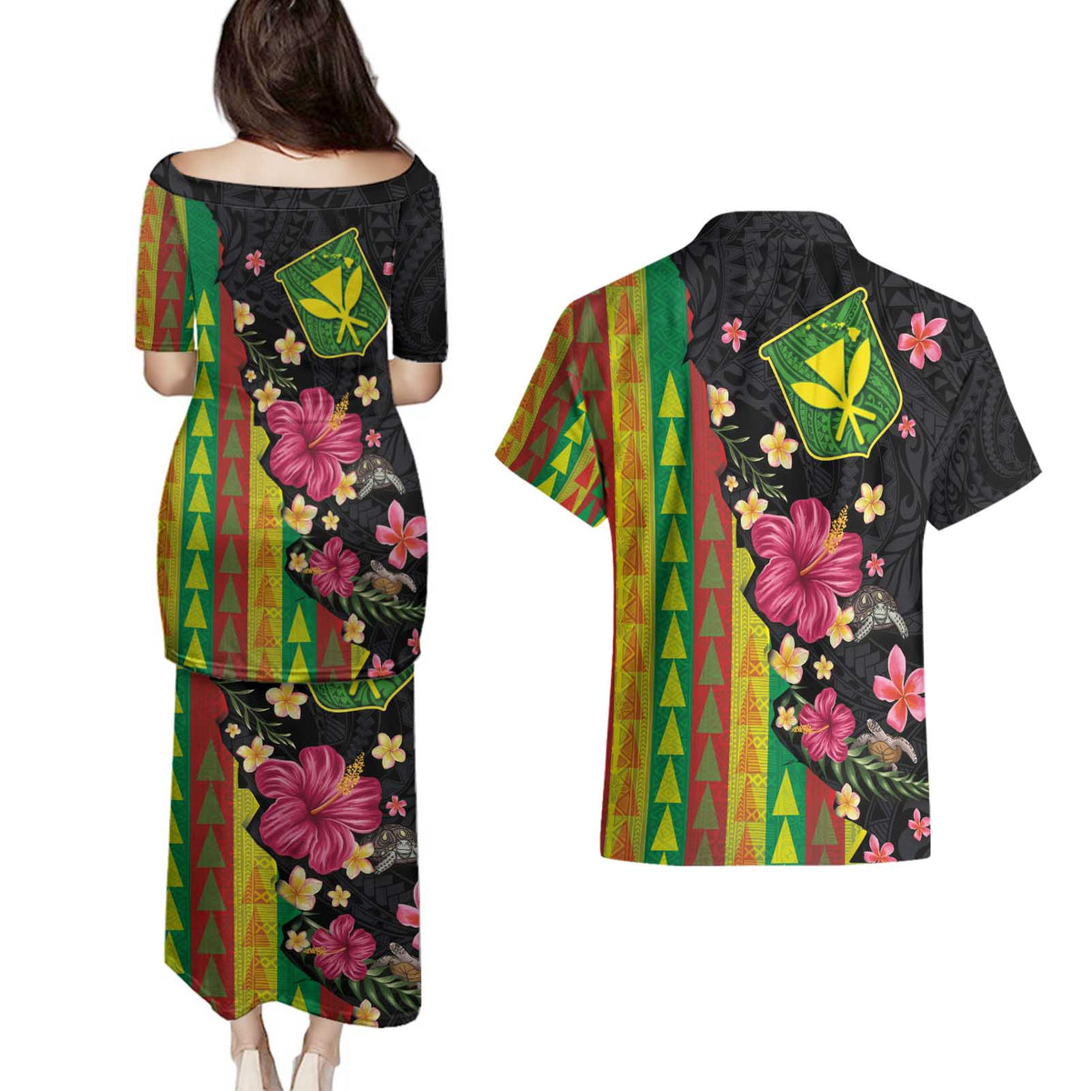 Hawaiian Independence Day Couples Matching Puletasi and Hawaiian Shirt Kanaka Maoli Symbols With Tapa Motifs and Tropical Plants - Polynesian Pride