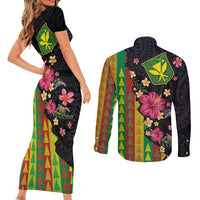 Hawaiian Independence Day Couples Matching Short Sleeve Bodycon Dress and Long Sleeve Button Shirt Kanaka Maoli Symbols With Tapa Motifs and Tropical Plants - Polynesian Pride