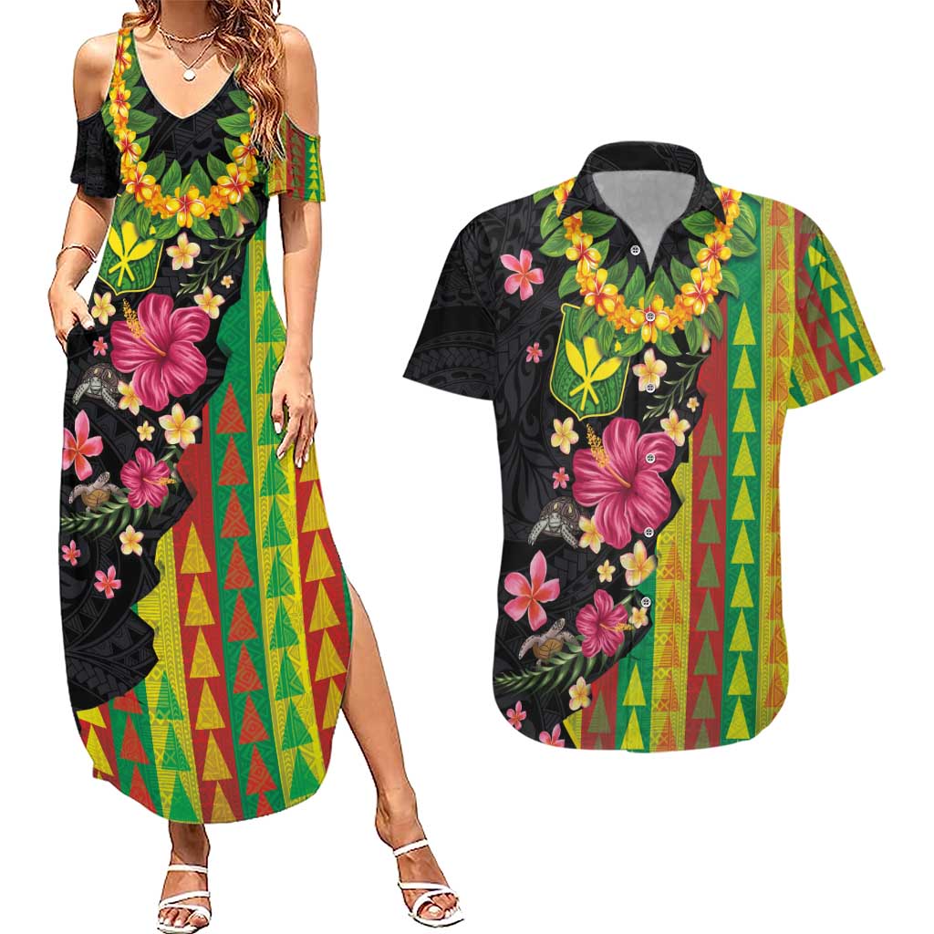 Hawaiian Independence Day Couples Matching Summer Maxi Dress and Hawaiian Shirt Kanaka Maoli Symbols With Tapa Motifs and Tropical Plants - Polynesian Pride