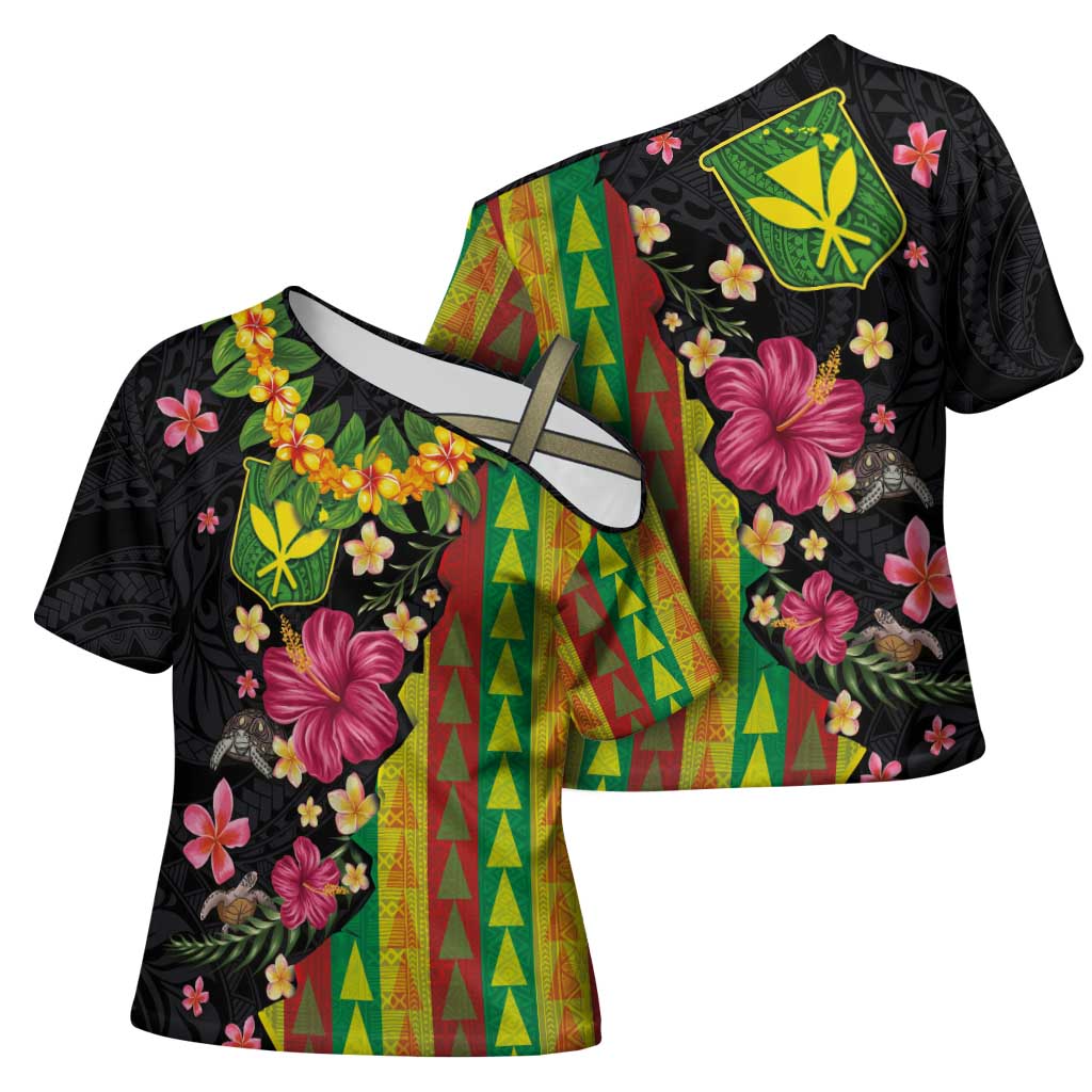 Hawaiian Independence Day Cross Shoulder Shirt Kanaka Maoli Symbols With Tapa Motifs and Tropical Plants - Polynesian Pride