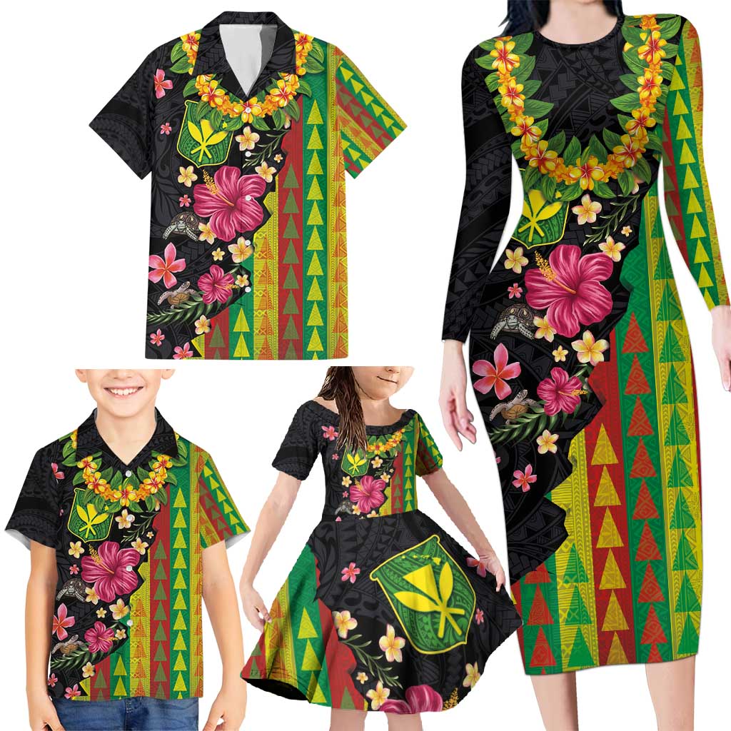 Hawaiian Independence Day Family Matching Long Sleeve Bodycon Dress and Hawaiian Shirt Kanaka Maoli Symbols With Tapa Motifs and Tropical Plants - Polynesian Pride