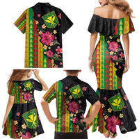 Hawaiian Independence Day Family Matching Mermaid Dress and Hawaiian Shirt Kanaka Maoli Symbols With Tapa Motifs and Tropical Plants - Polynesian Pride