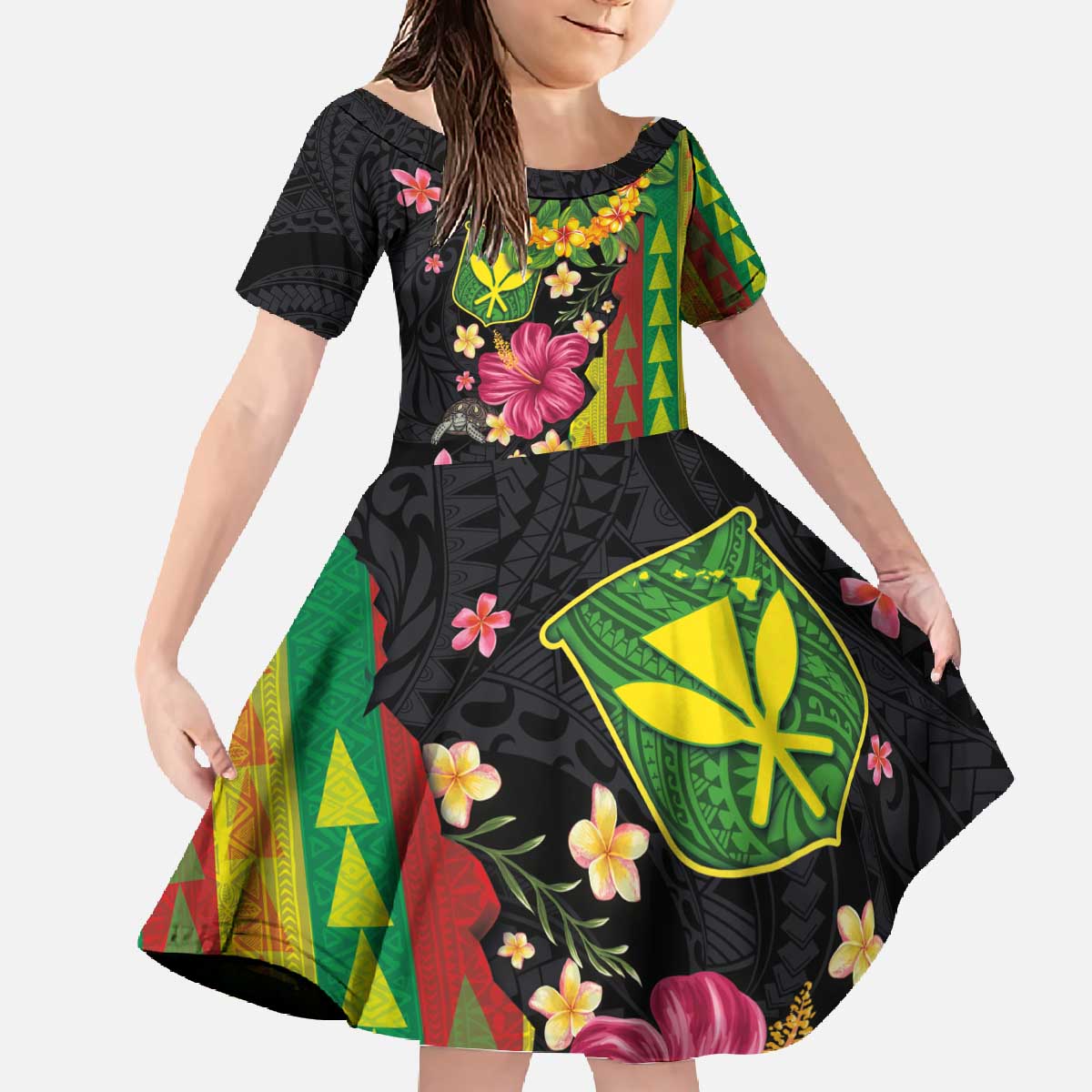 Hawaiian Independence Day Family Matching Off The Shoulder Long Sleeve Dress and Hawaiian Shirt Kanaka Maoli Symbols With Tapa Motifs and Tropical Plants - Polynesian Pride