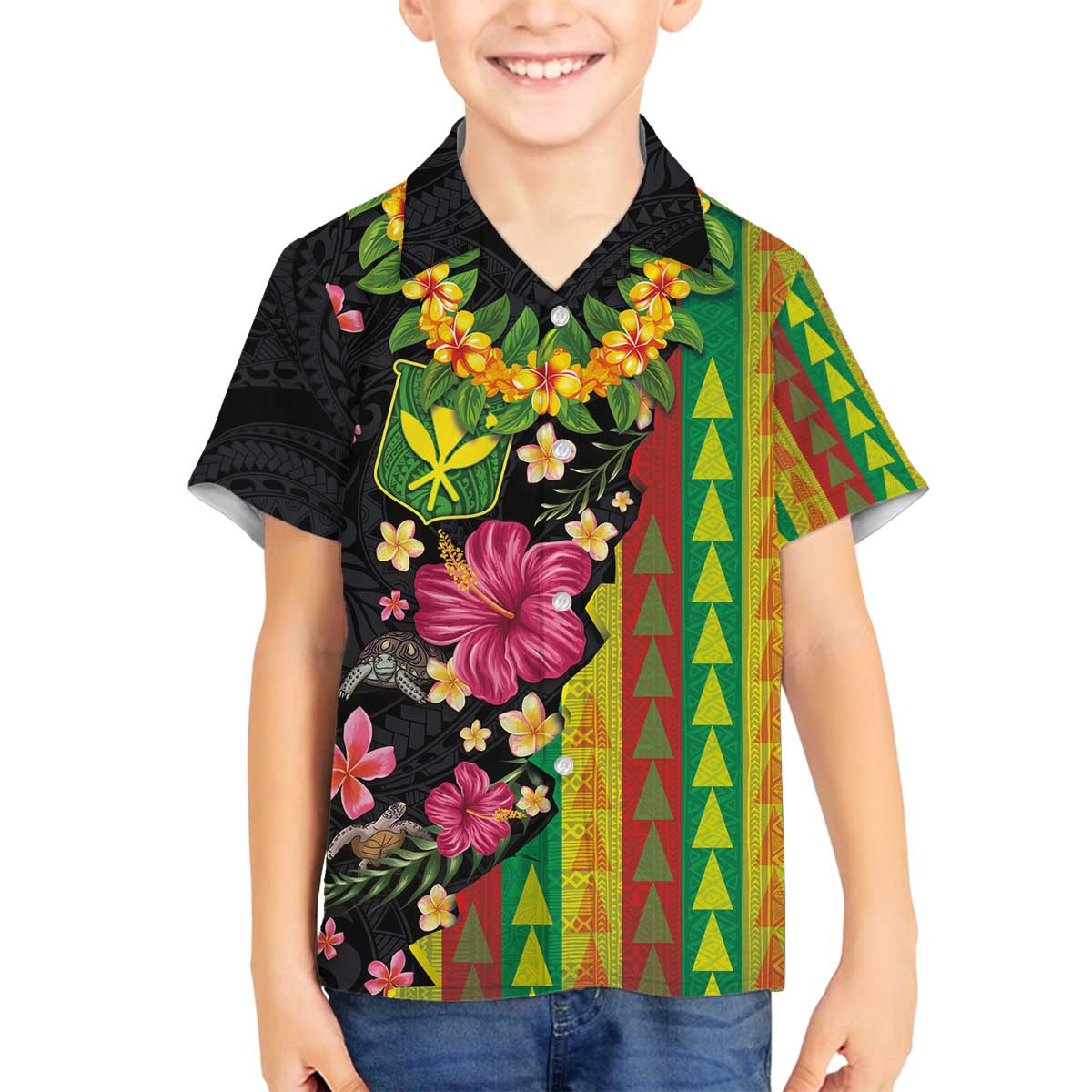 Hawaiian Independence Day Family Matching Off The Shoulder Long Sleeve Dress and Hawaiian Shirt Kanaka Maoli Symbols With Tapa Motifs and Tropical Plants - Polynesian Pride