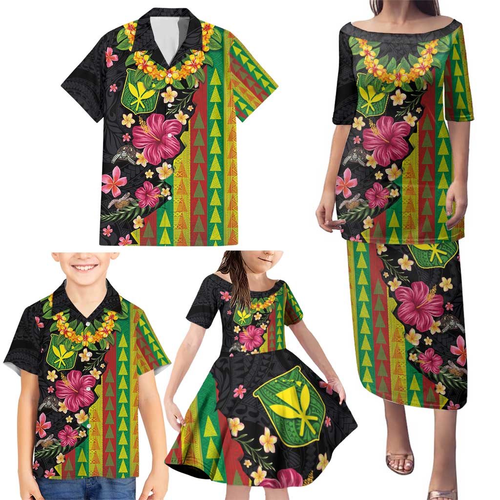 Hawaiian Independence Day Family Matching Puletasi and Hawaiian Shirt Kanaka Maoli Symbols With Tapa Motifs and Tropical Plants - Polynesian Pride