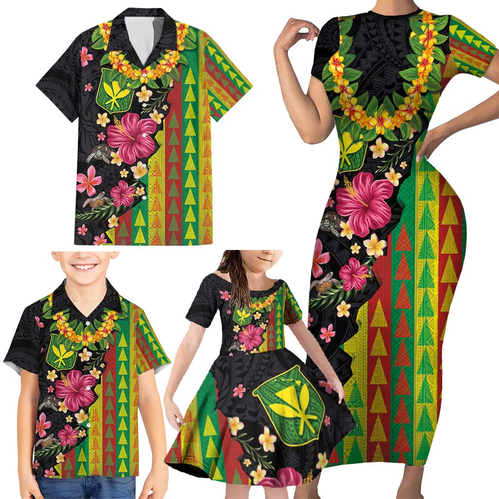 Hawaiian Independence Day Family Matching Short Sleeve Bodycon Dress and Hawaiian Shirt Kanaka Maoli Symbols With Tapa Motifs and Tropical Plants - Polynesian Pride