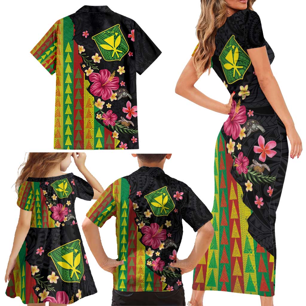 Hawaiian Independence Day Family Matching Short Sleeve Bodycon Dress and Hawaiian Shirt Kanaka Maoli Symbols With Tapa Motifs and Tropical Plants - Polynesian Pride