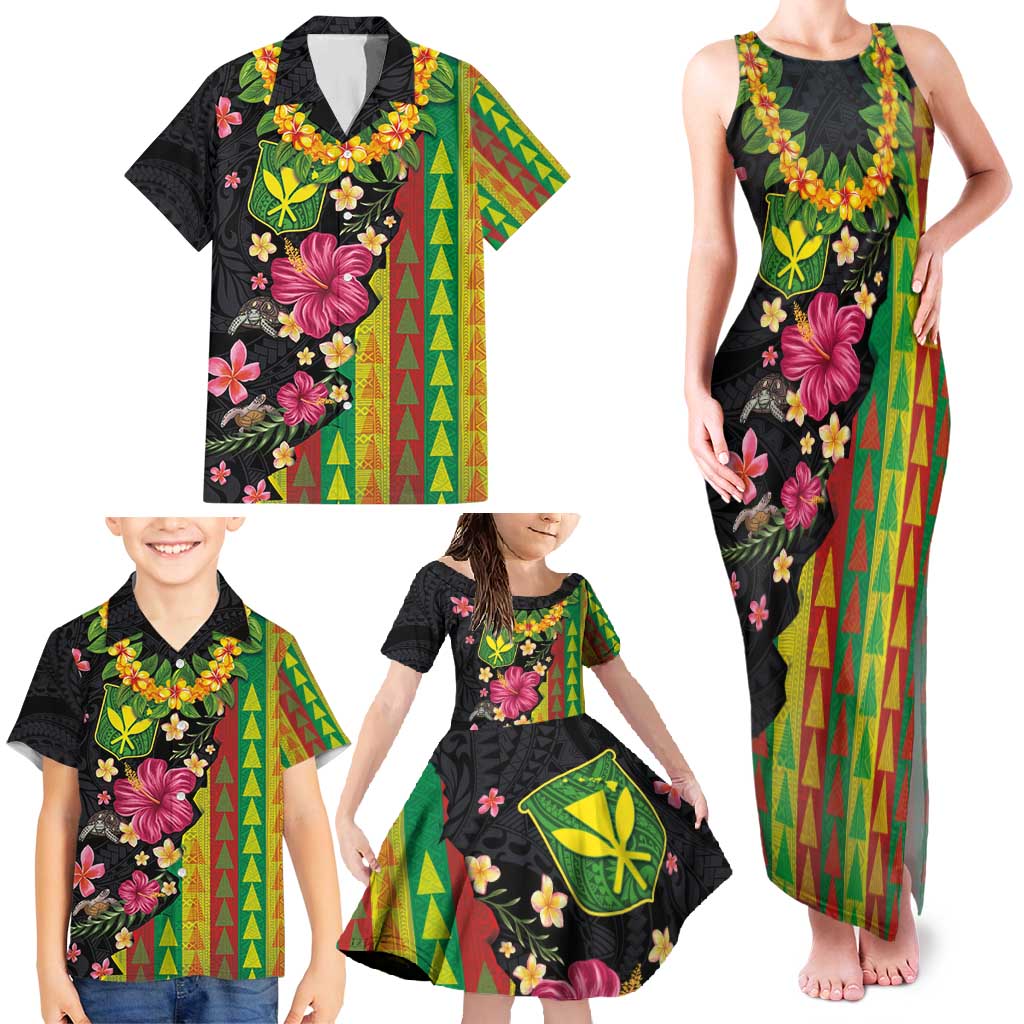 Hawaiian Independence Day Family Matching Tank Maxi Dress and Hawaiian Shirt Kanaka Maoli Symbols With Tapa Motifs and Tropical Plants - Polynesian Pride
