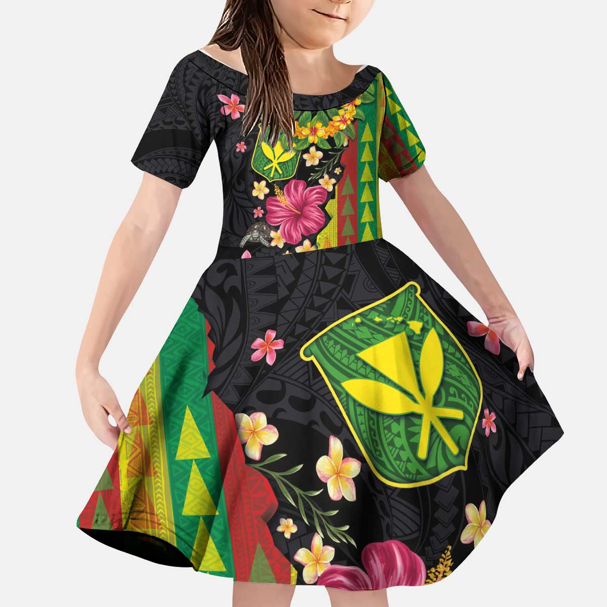 Hawaiian Independence Day Kid Short Sleeve Dress Kanaka Maoli Symbols With Tapa Motifs and Tropical Plants - Polynesian Pride