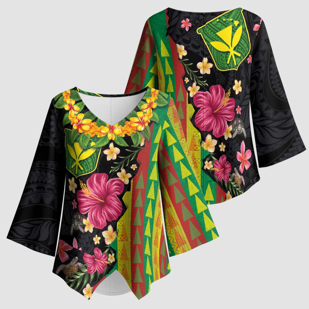 Hawaiian Independence Day Kimono Sleeve Blouse Kanaka Maoli Symbols With Tapa Motifs and Tropical Plants - Polynesian Pride
