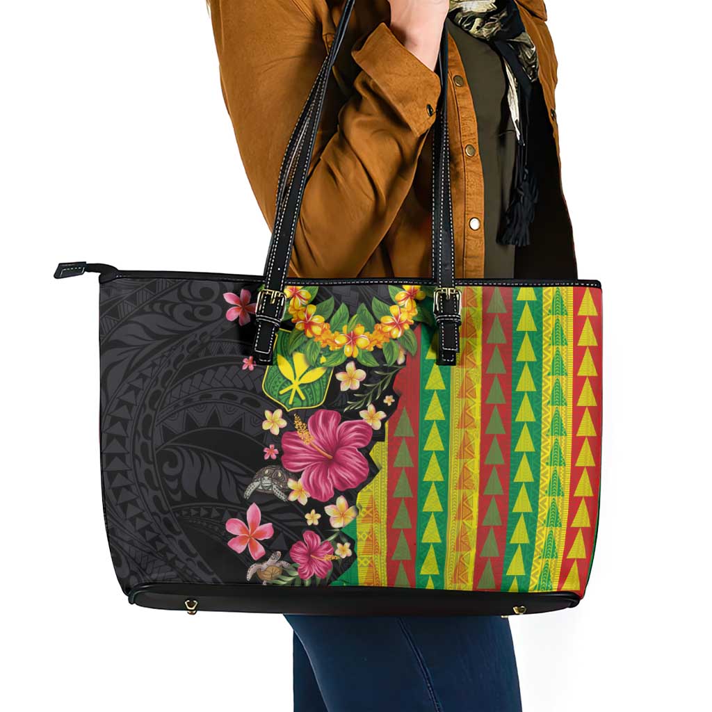 Hawaiian Independence Day Leather Tote Bag Kanaka Maoli Symbols With Tapa Motifs and Tropical Plants - Polynesian Pride
