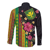 Hawaiian Independence Day Long Sleeve Button Shirt Kanaka Maoli Symbols With Tapa Motifs and Tropical Plants - Polynesian Pride