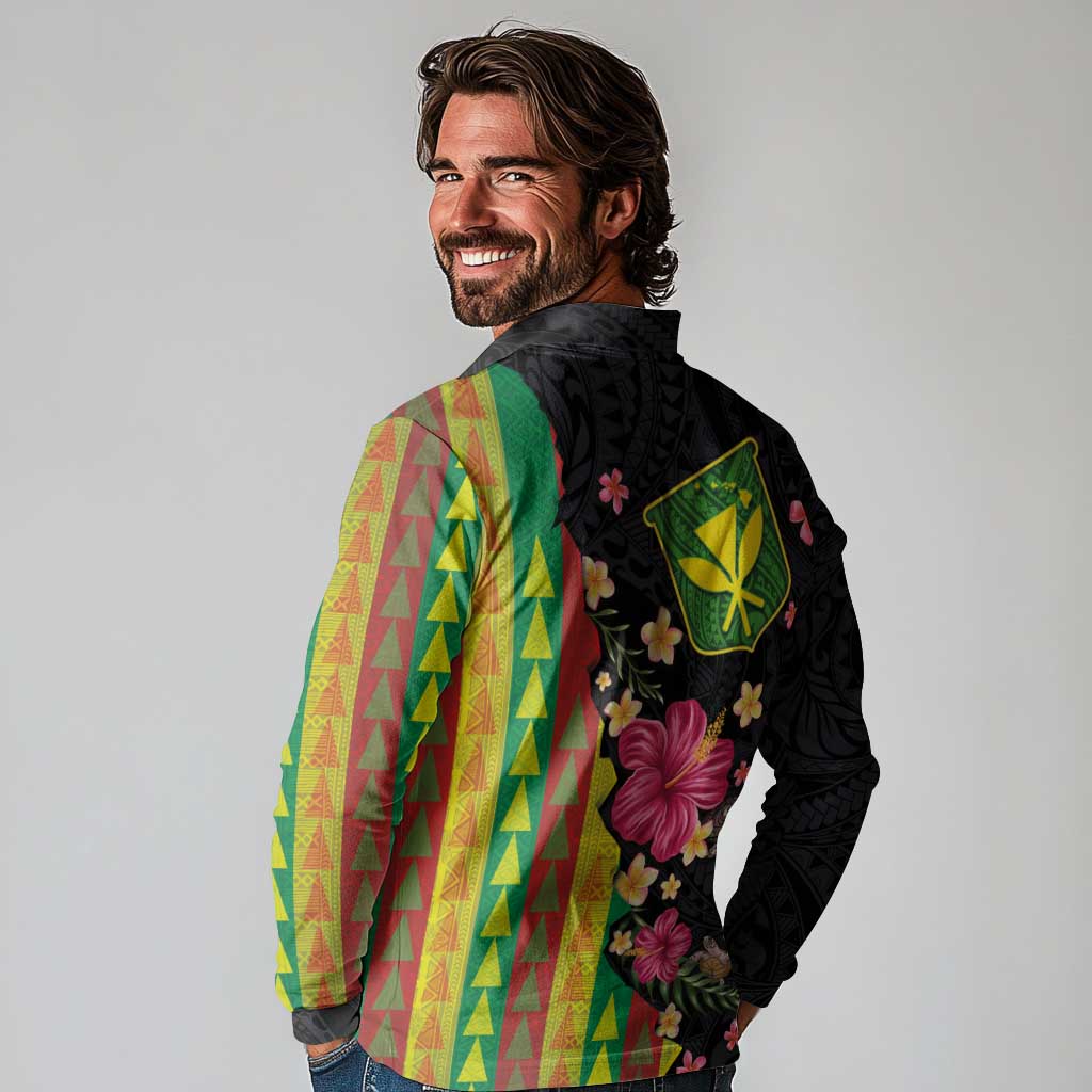 Hawaiian Independence Day Long Sleeve Polo Shirt Kanaka Maoli Symbols With Tapa Motifs and Tropical Plants - Polynesian Pride