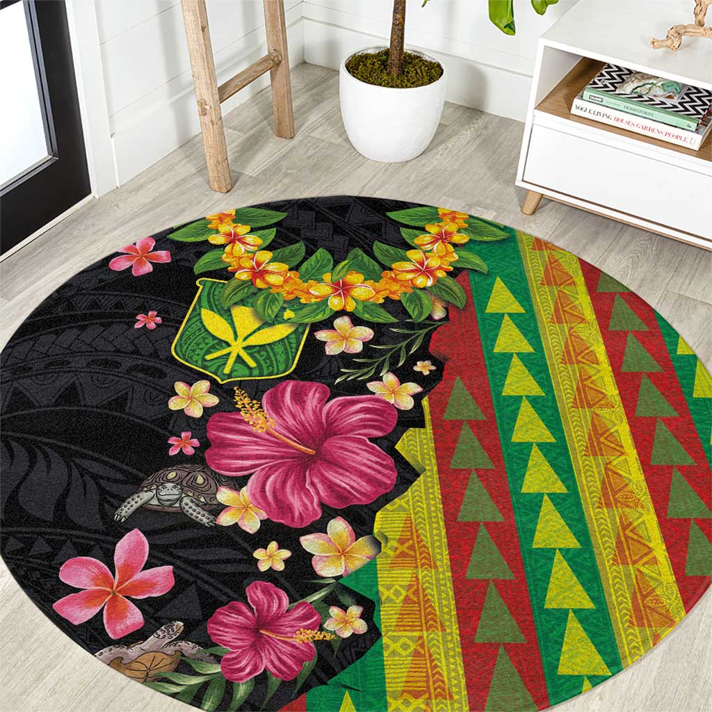 Hawaiian Independence Day Round Carpet Kanaka Maoli Symbols With Tapa Motifs and Tropical Plants - Polynesian Pride