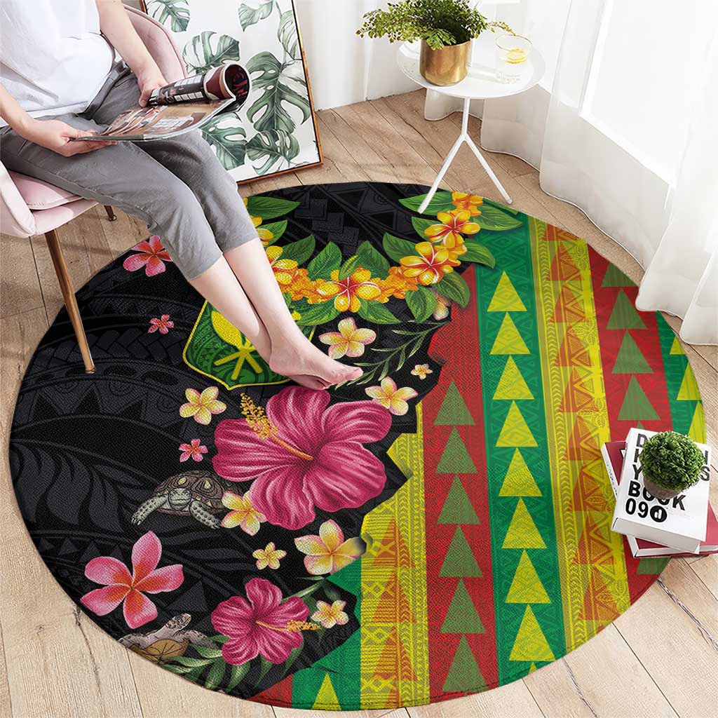 Hawaiian Independence Day Round Carpet Kanaka Maoli Symbols With Tapa Motifs and Tropical Plants - Polynesian Pride
