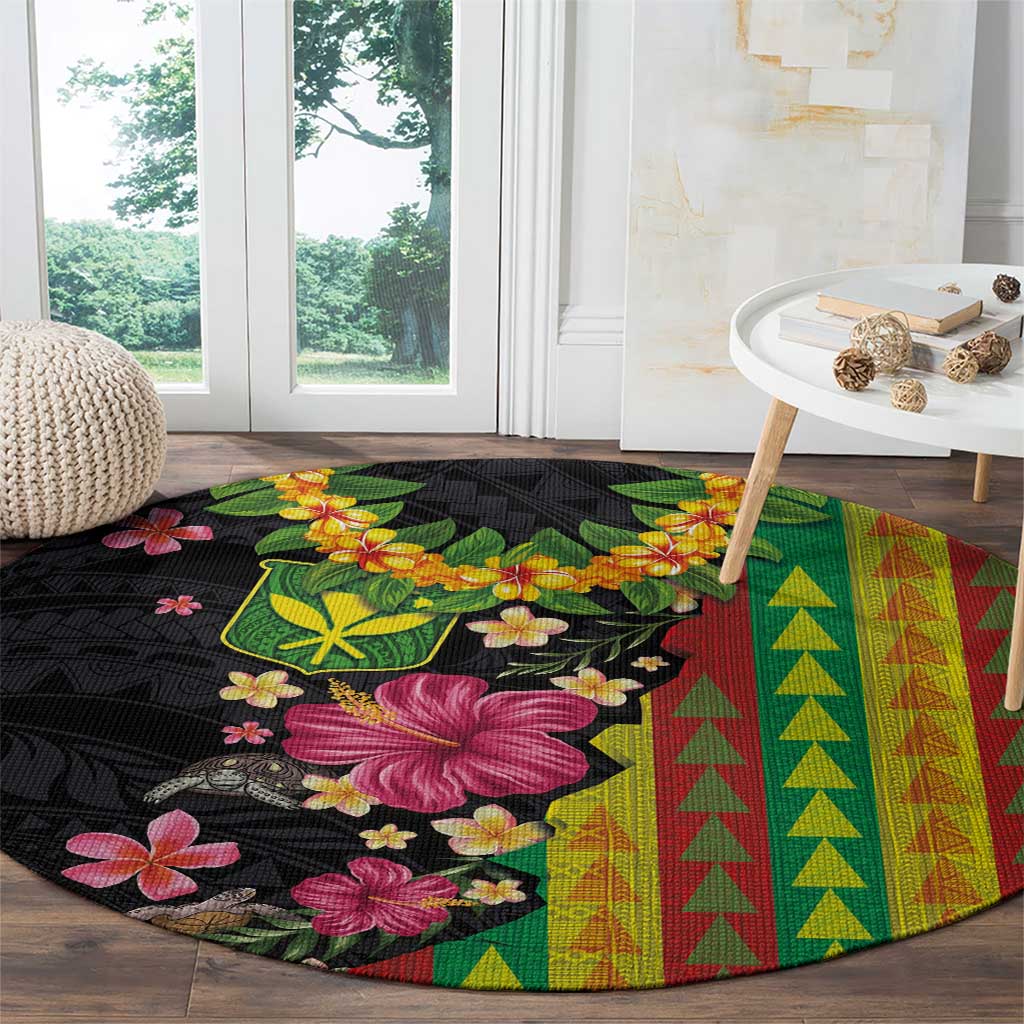 Hawaiian Independence Day Round Carpet Kanaka Maoli Symbols With Tapa Motifs and Tropical Plants - Polynesian Pride