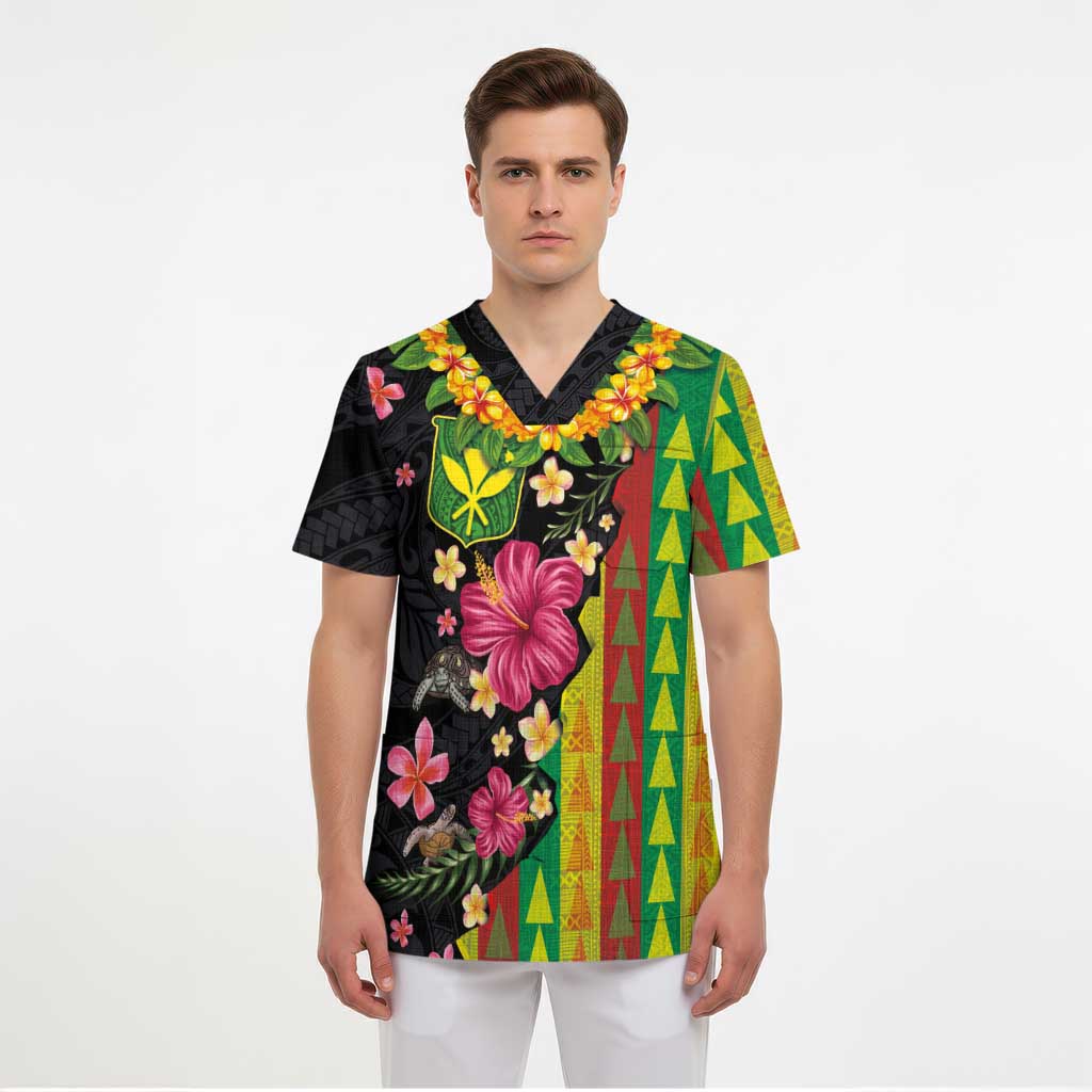 Hawaiian Independence Day Scrub Top Kanaka Maoli Symbols With Tapa Motifs and Tropical Plants - Polynesian Pride
