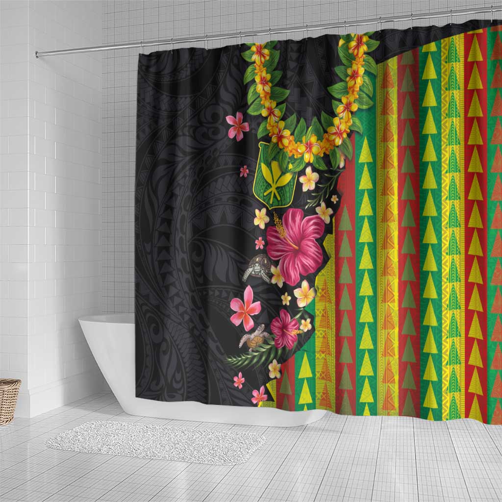 Hawaiian Independence Day Shower Curtain Kanaka Maoli Symbols With Tapa Motifs and Tropical Plants - Polynesian Pride