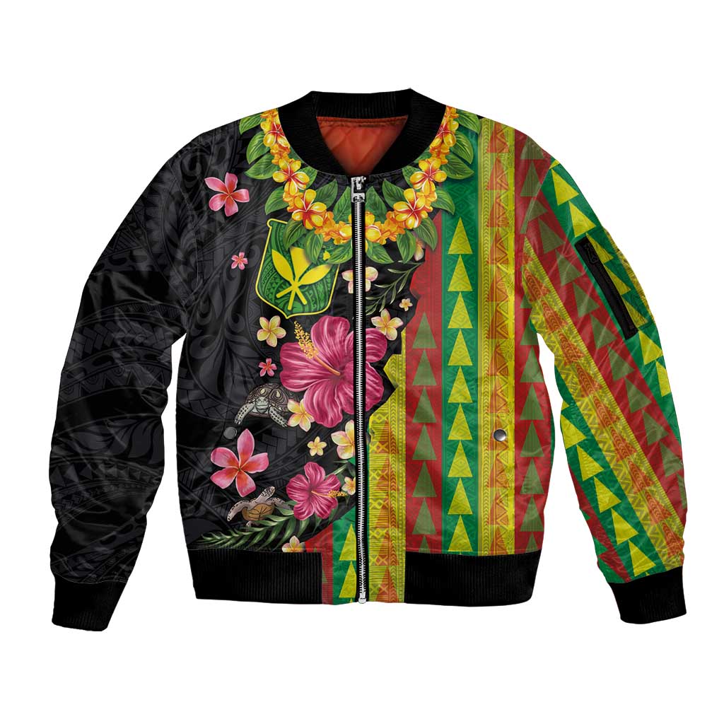 Hawaiian Independence Day Sleeve Zip Bomber Jacket Kanaka Maoli Symbols With Tapa Motifs and Tropical Plants - Polynesian Pride
