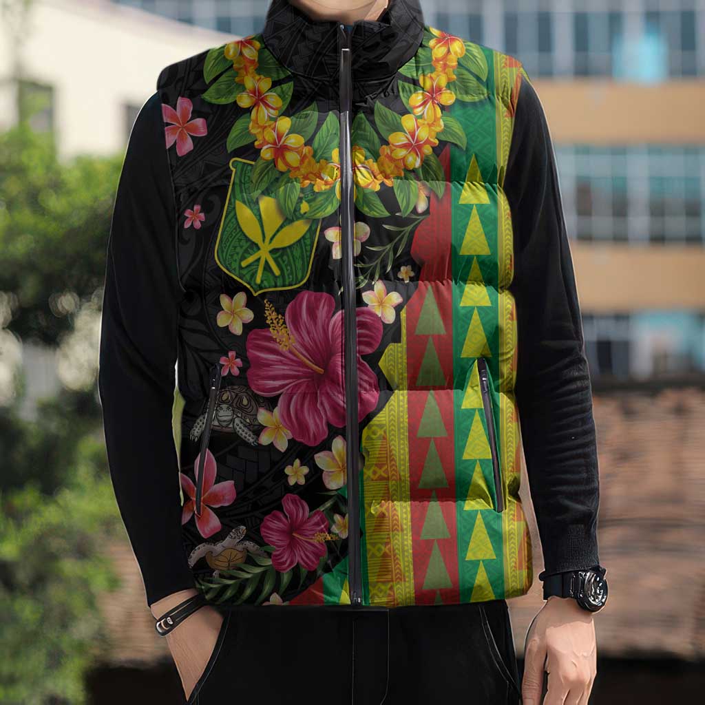 Hawaiian Independence Day Sleeveless Puffer Jacket Kanaka Maoli Symbols With Tapa Motifs and Tropical Plants - Polynesian Pride