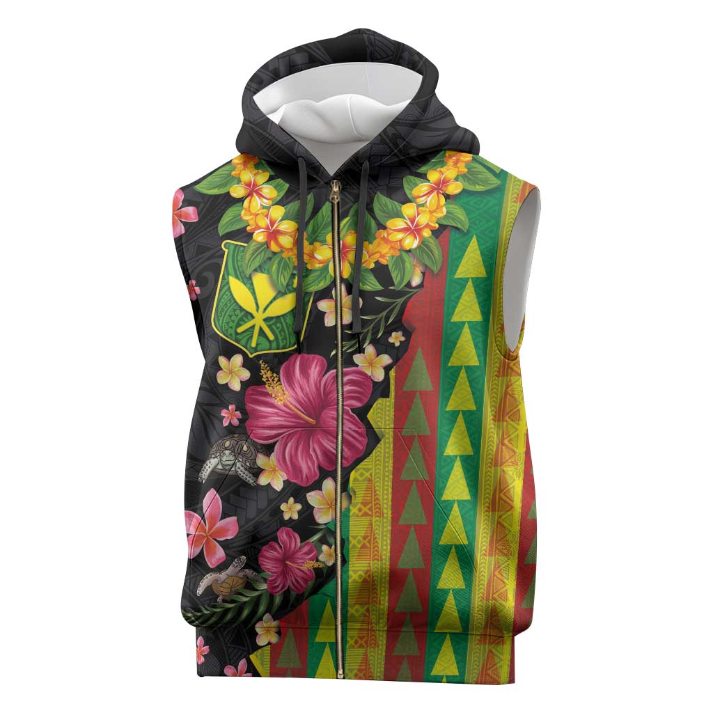 Hawaiian Independence Day Sleeveless Zip Hoodie Kanaka Maoli Symbols With Tapa Motifs and Tropical Plants - Polynesian Pride