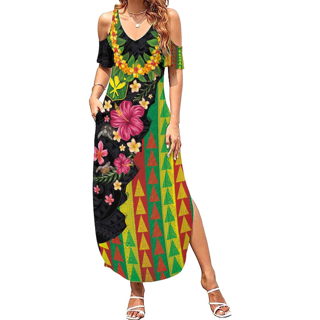 Hawaiian Independence Day Summer Maxi Dress Kanaka Maoli Symbols With Tapa Motifs and Tropical Plants - Polynesian Pride