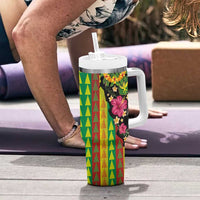 Hawaiian Independence Day Tumbler With Handle Kanaka Maoli Symbols With Tapa Motifs and Tropical Plants - Polynesian Pride