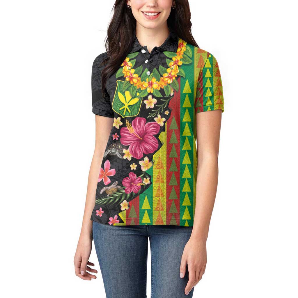 Hawaiian Independence Day Women Polo Shirt Kanaka Maoli Symbols With Tapa Motifs and Tropical Plants - Polynesian Pride