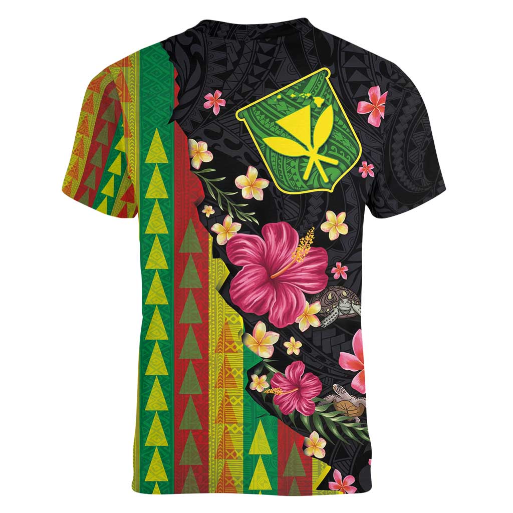 Hawaiian Independence Day Women V-Neck T-Shirt Kanaka Maoli Symbols With Tapa Motifs and Tropical Plants - Polynesian Pride