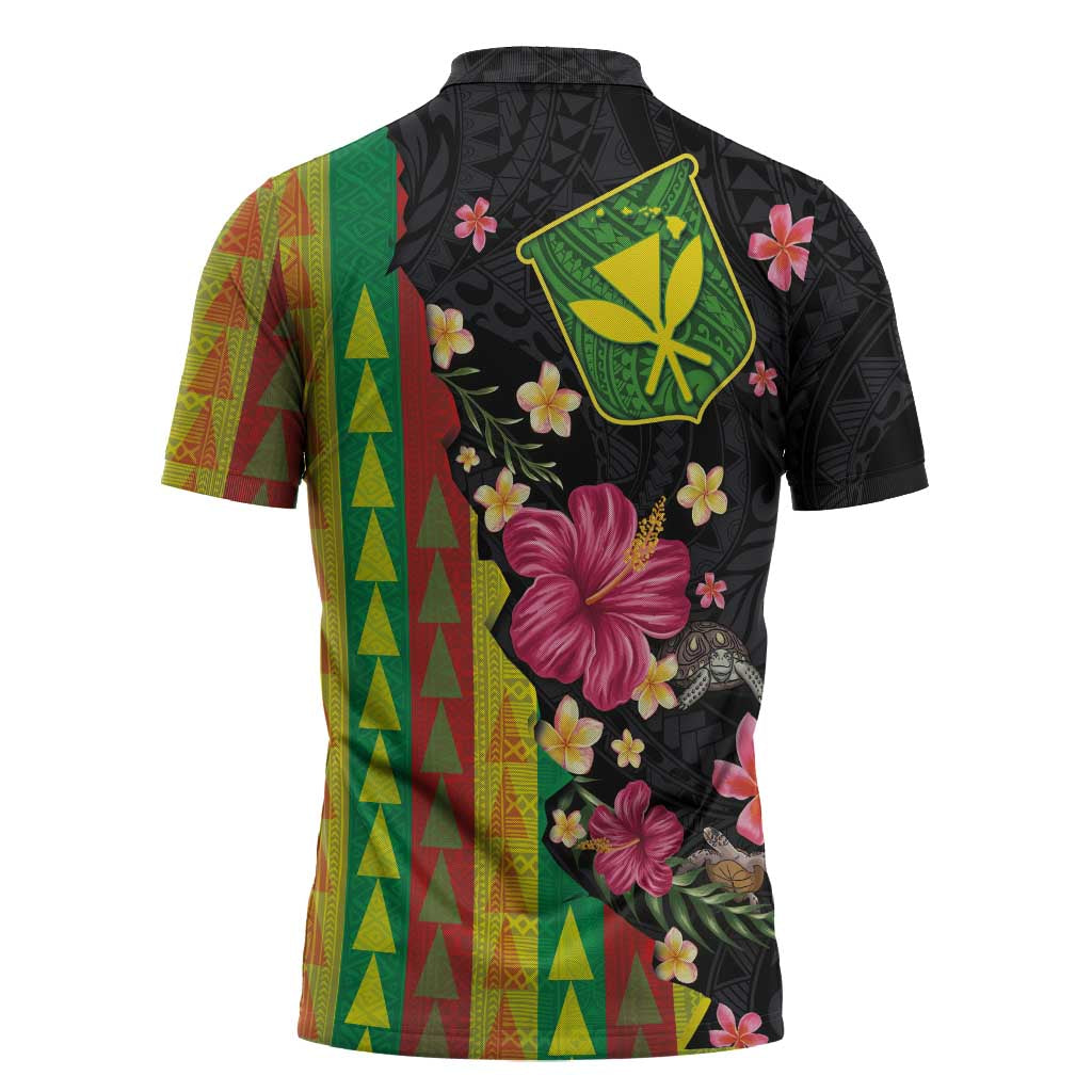 Hawaiian Independence Day Zipper Polo Shirt Kanaka Maoli Symbols With Tapa Motifs and Tropical Plants - Polynesian Pride