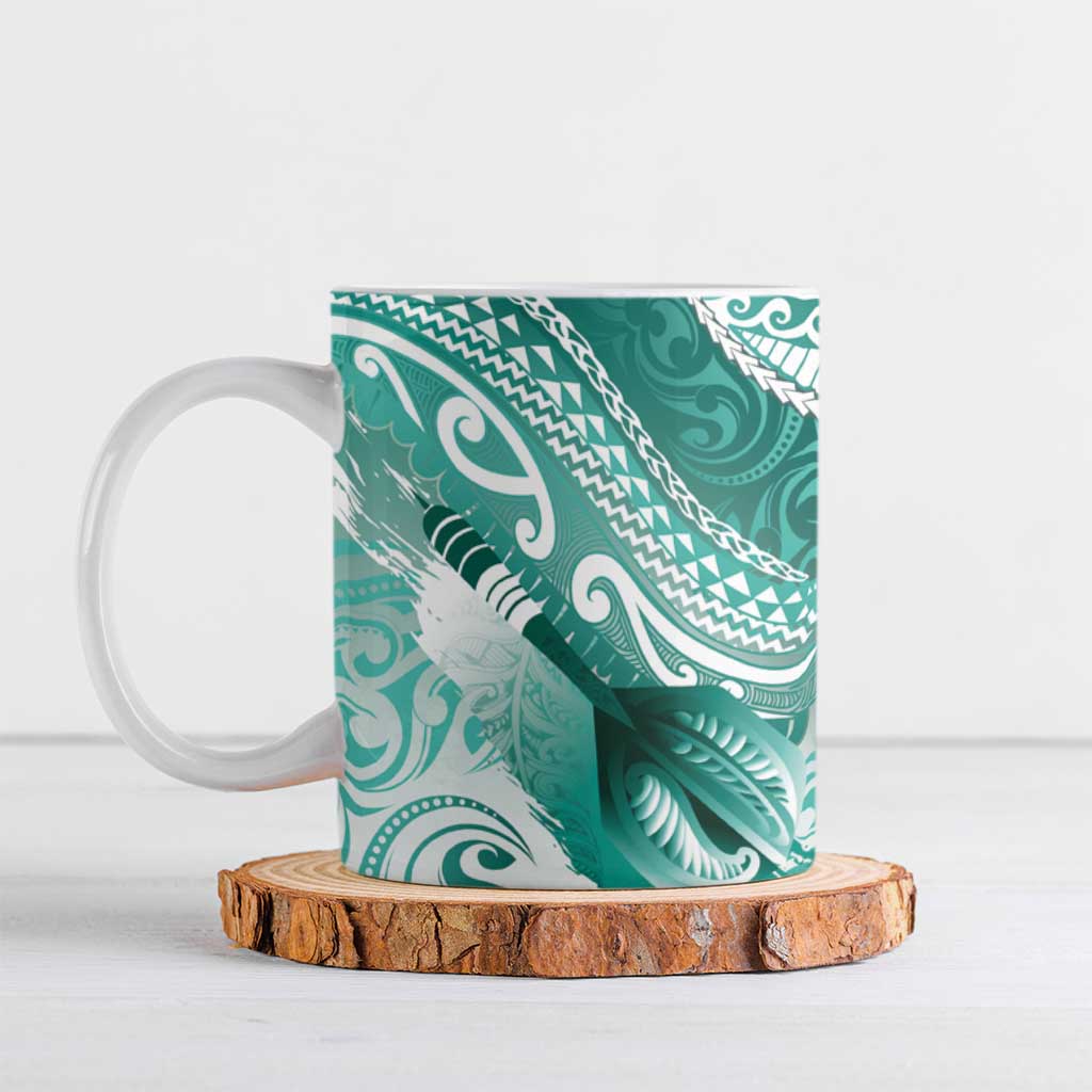 Personalised New Zealand Aotearoa Darts Masters Ceramic Mug Maori Art Tattoo with Tribal Dart Symbol Teal Color - Polynesian Pride