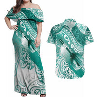 Personalised New Zealand Aotearoa Darts Masters Couples Matching Off Shoulder Maxi Dress and Hawaiian Shirt Maori Art Tattoo with Tribal Dart Symbol Teal Color - Polynesian Pride