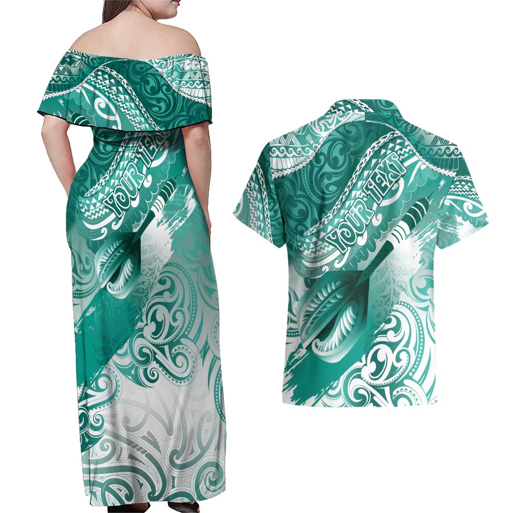 Personalised New Zealand Aotearoa Darts Masters Couples Matching Off Shoulder Maxi Dress and Hawaiian Shirt Maori Art Tattoo with Tribal Dart Symbol Teal Color - Polynesian Pride
