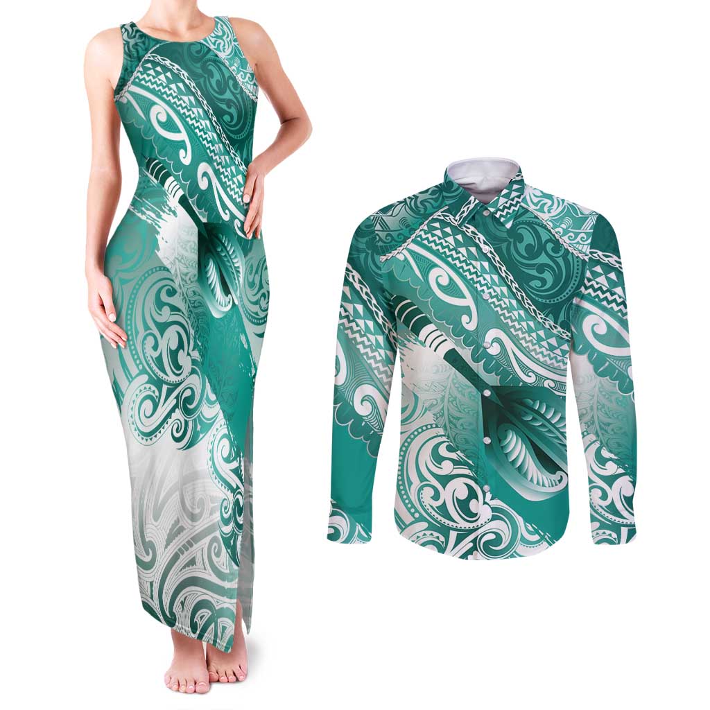 Personalised New Zealand Aotearoa Darts Masters Couples Matching Tank Maxi Dress and Long Sleeve Button Shirt Maori Art Tattoo with Tribal Dart Symbol Teal Color - Polynesian Pride