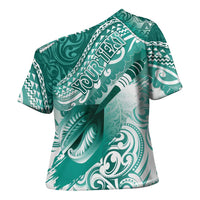 Personalised New Zealand Aotearoa Darts Masters Cross Shoulder Shirt Maori Art Tattoo with Tribal Dart Symbol Teal Color - Polynesian Pride
