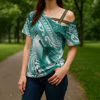 Personalised New Zealand Aotearoa Darts Masters Cross Shoulder Shirt Maori Art Tattoo with Tribal Dart Symbol Teal Color - Polynesian Pride