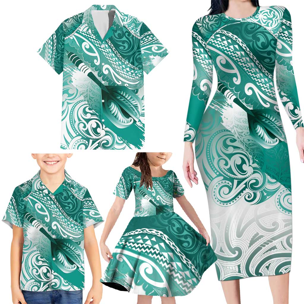 Personalised New Zealand Aotearoa Darts Masters Family Matching Long Sleeve Bodycon Dress and Hawaiian Shirt Maori Art Tattoo with Tribal Dart Symbol Teal Color - Polynesian Pride
