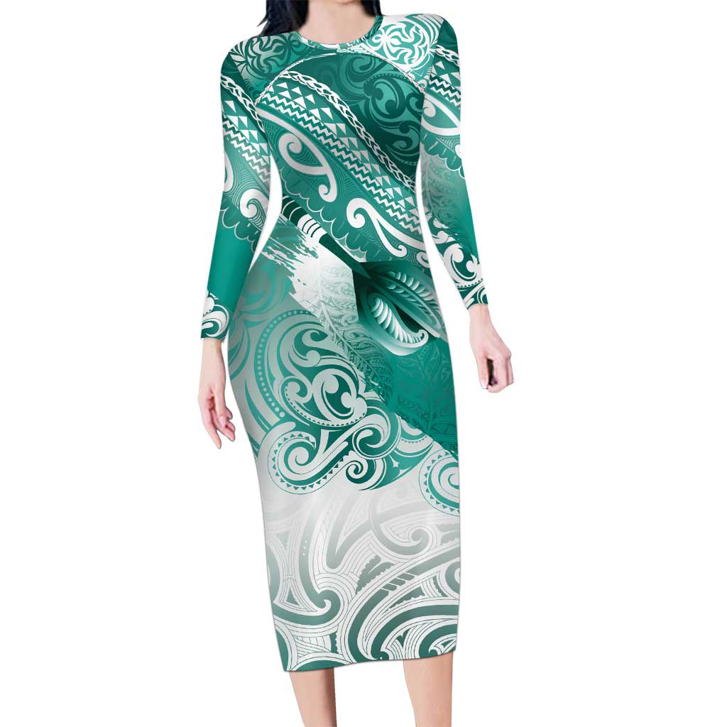 Personalised New Zealand Aotearoa Darts Masters Family Matching Long Sleeve Bodycon Dress and Hawaiian Shirt Maori Art Tattoo with Tribal Dart Symbol Teal Color - Polynesian Pride
