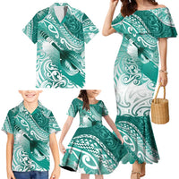 Personalised New Zealand Aotearoa Darts Masters Family Matching Mermaid Dress and Hawaiian Shirt Maori Art Tattoo with Tribal Dart Symbol Teal Color - Polynesian Pride