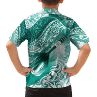 Personalised New Zealand Aotearoa Darts Masters Family Matching Off The Shoulder Long Sleeve Dress and Hawaiian Shirt Maori Art Tattoo with Tribal Dart Symbol Teal Color - Polynesian Pride