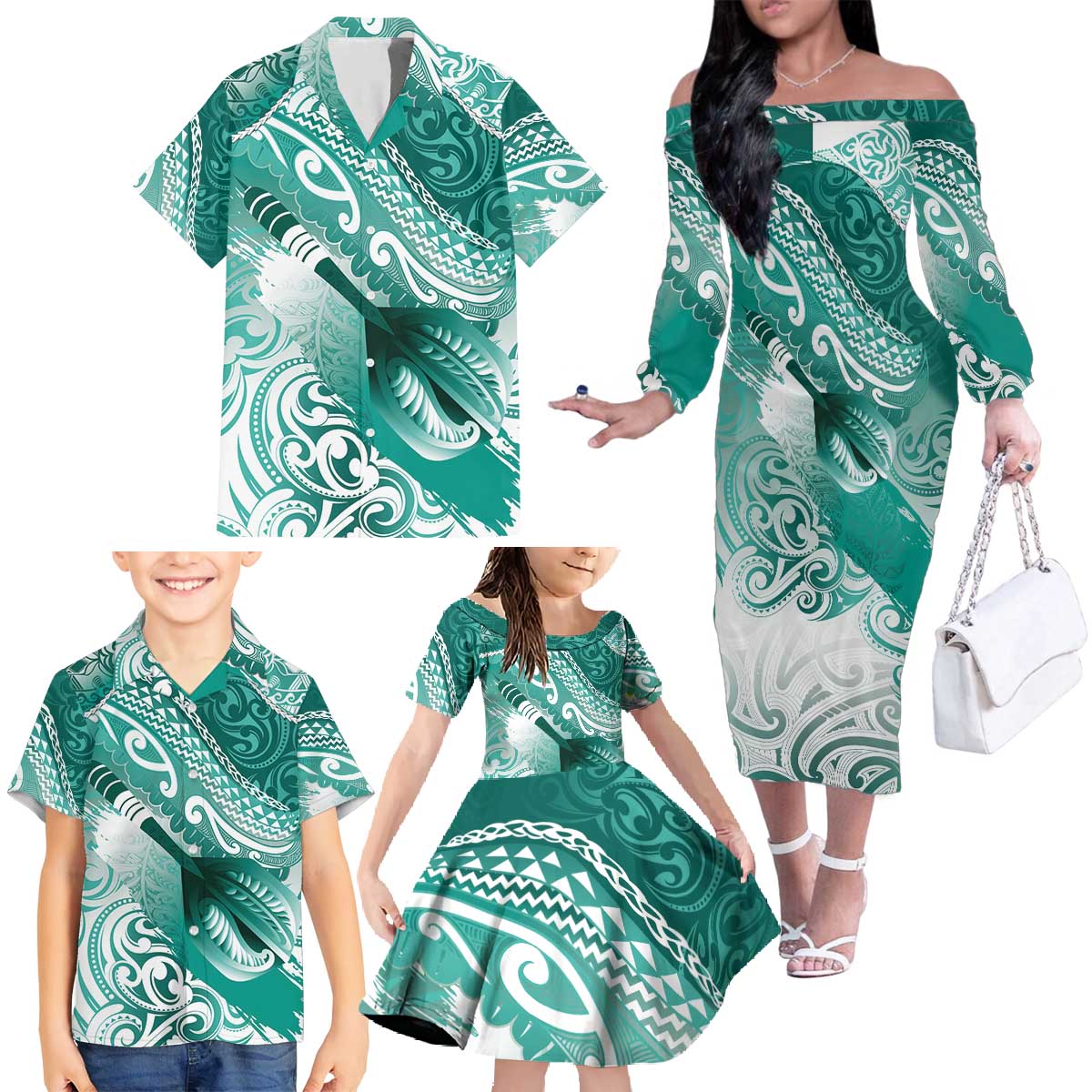 Personalised New Zealand Aotearoa Darts Masters Family Matching Off The Shoulder Long Sleeve Dress and Hawaiian Shirt Maori Art Tattoo with Tribal Dart Symbol Teal Color - Polynesian Pride