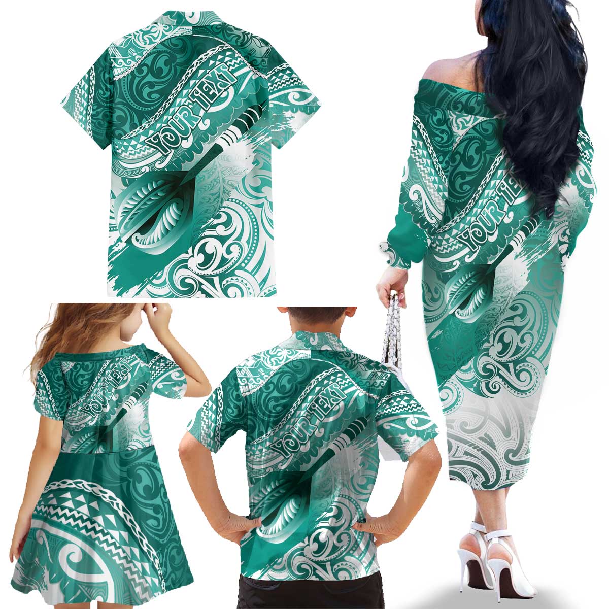 Personalised New Zealand Aotearoa Darts Masters Family Matching Off The Shoulder Long Sleeve Dress and Hawaiian Shirt Maori Art Tattoo with Tribal Dart Symbol Teal Color - Polynesian Pride