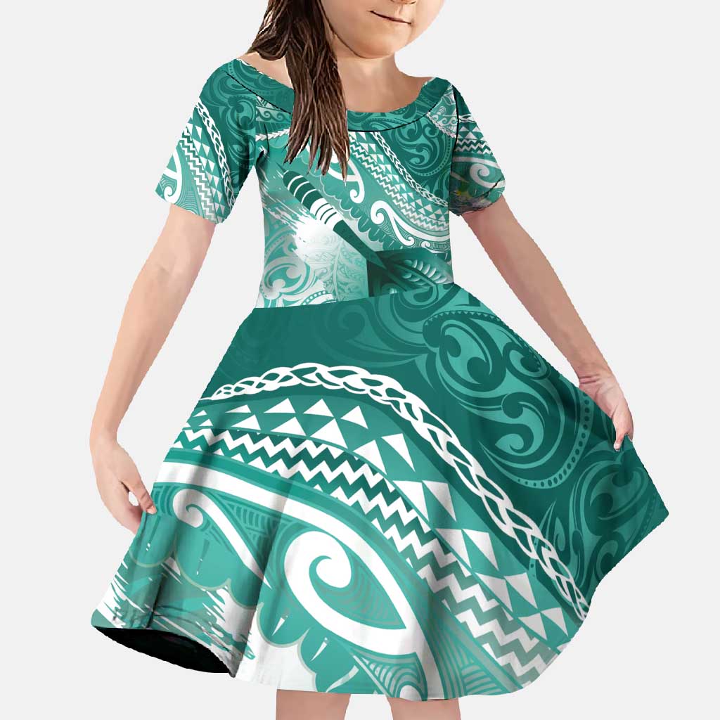Personalised New Zealand Aotearoa Darts Masters Family Matching Off Shoulder Maxi Dress and Hawaiian Shirt Maori Art Tattoo with Tribal Dart Symbol Teal Color - Polynesian Pride