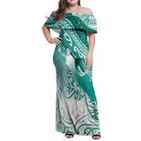 Personalised New Zealand Aotearoa Darts Masters Family Matching Off Shoulder Maxi Dress and Hawaiian Shirt Maori Art Tattoo with Tribal Dart Symbol Teal Color - Polynesian Pride