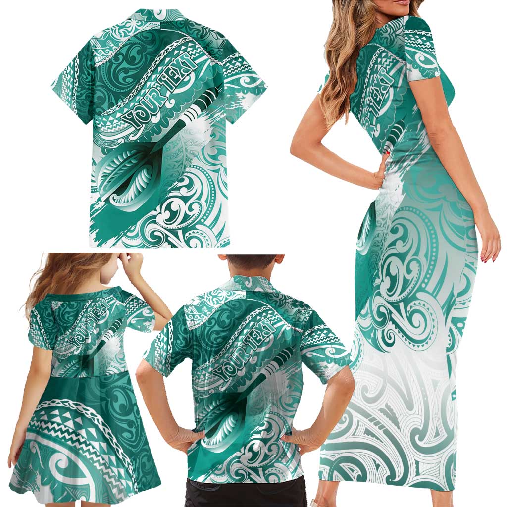 Personalised New Zealand Aotearoa Darts Masters Family Matching Short Sleeve Bodycon Dress and Hawaiian Shirt Maori Art Tattoo with Tribal Dart Symbol Teal Color - Polynesian Pride