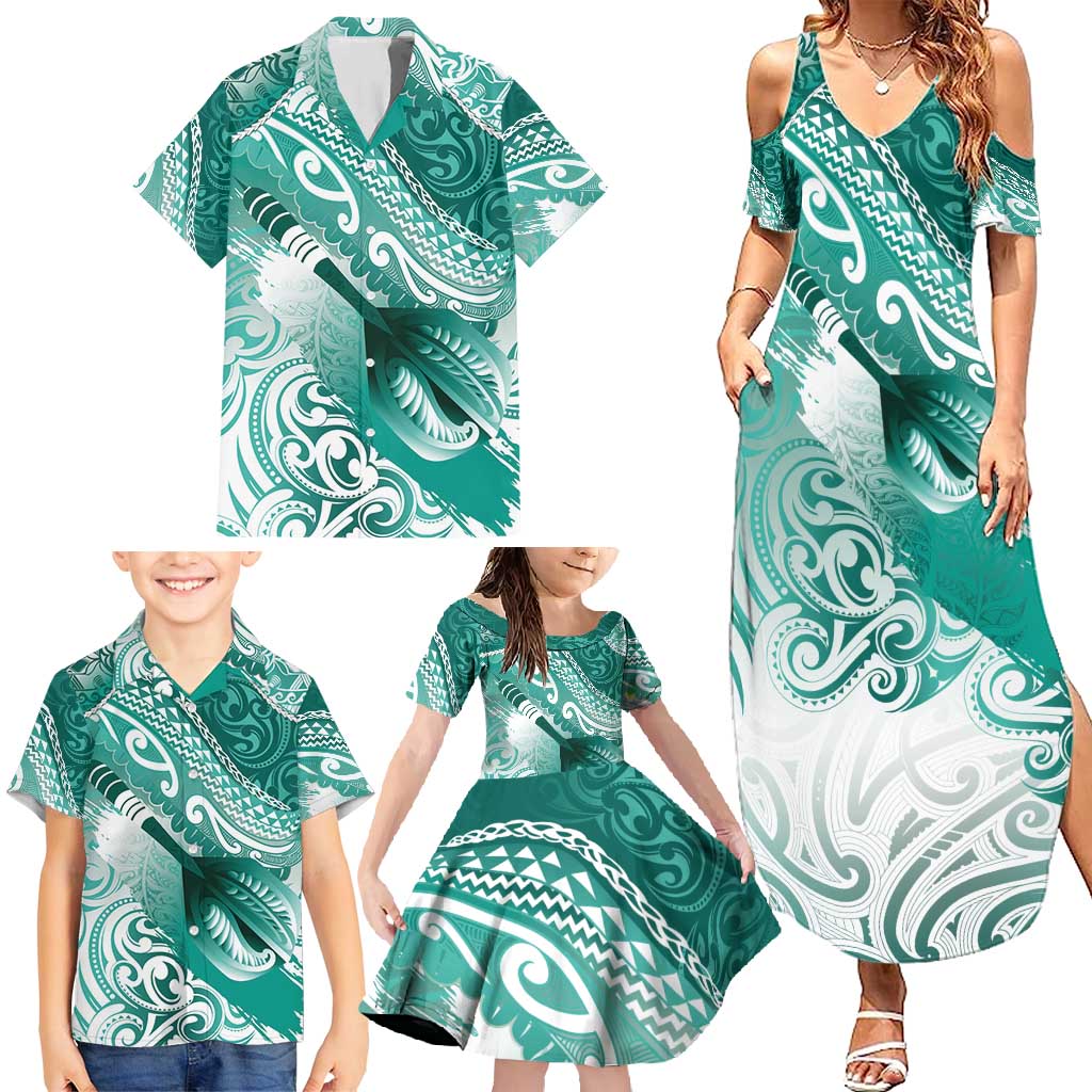 Personalised New Zealand Aotearoa Darts Masters Family Matching Summer Maxi Dress and Hawaiian Shirt Maori Art Tattoo with Tribal Dart Symbol Teal Color - Polynesian Pride