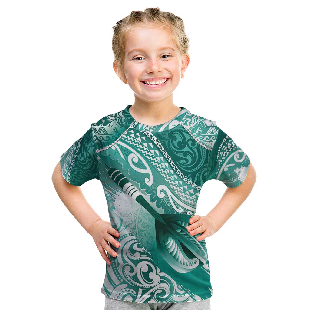 Personalised New Zealand Aotearoa Darts Masters Kid T Shirt Maori Art Tattoo with Tribal Dart Symbol Teal Color - Polynesian Pride